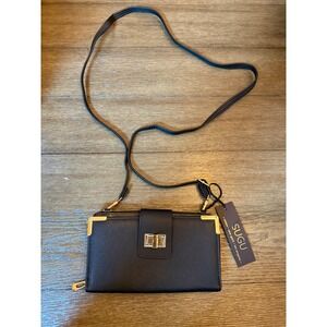 SUGU Black Pebbled Crossbody Wallet Bag Gold Hardware Turn Lock New